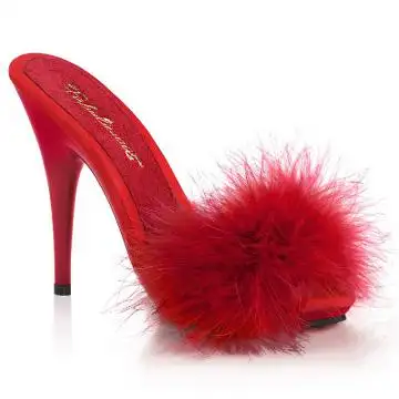 POISE-501F Červené sexy pantofle s chmýřím