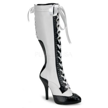 TEMPT-126 Bílo černé retro kozačky na podpatku Pleaser