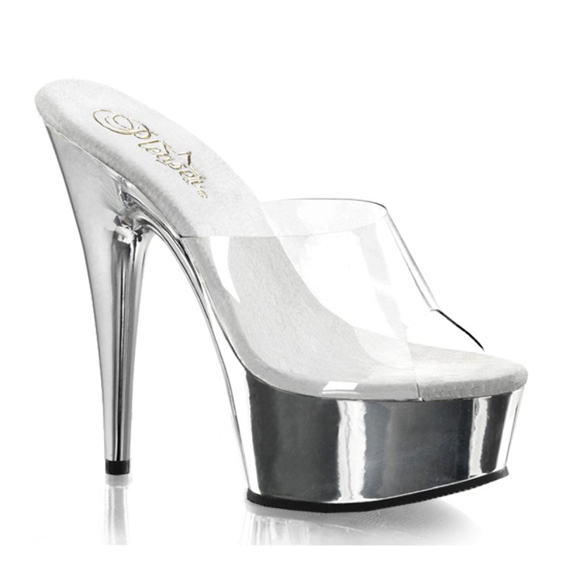 DELIGHT-601 Dámské sexy pantofle na podpatku chrom/průhledná | DELIGHT-601 Pleaser