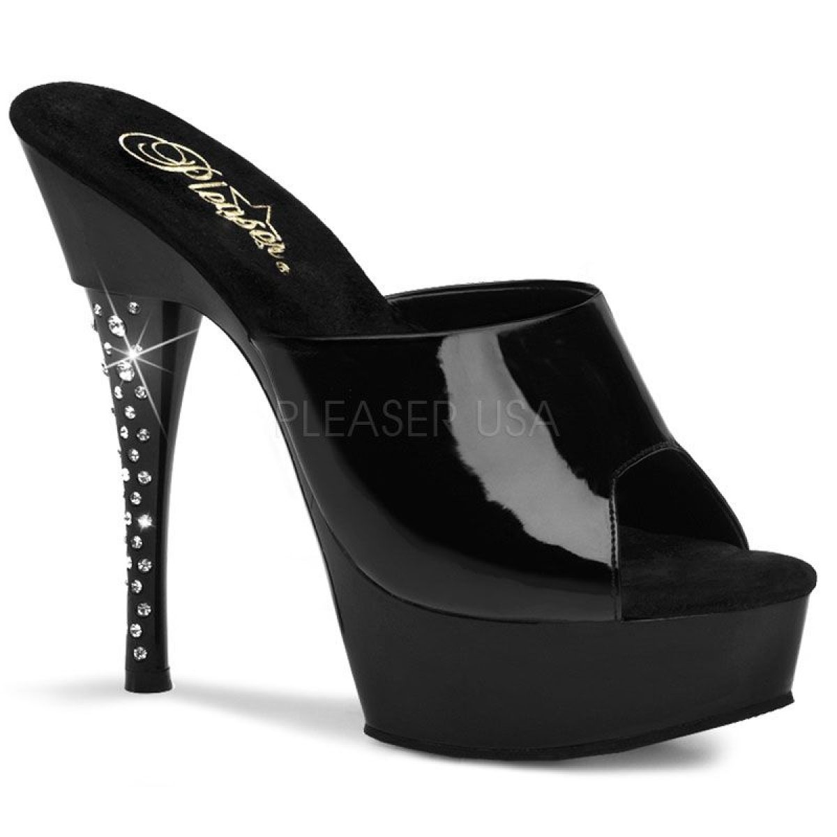 DIAMOND-601 Černé pantofle na zdobeném vysokém podpatku a platformě | DIAMOND-601 Pleaser